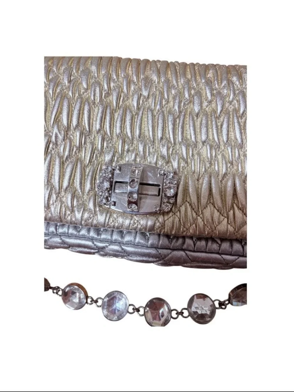 Miu Miu Shimmery Silver Quilted Evening Clutch with Jeweled Strap